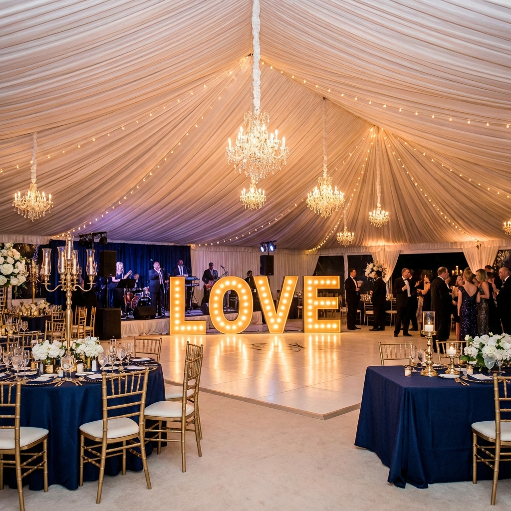 Letras LOVE iluminadas em casamento elegante