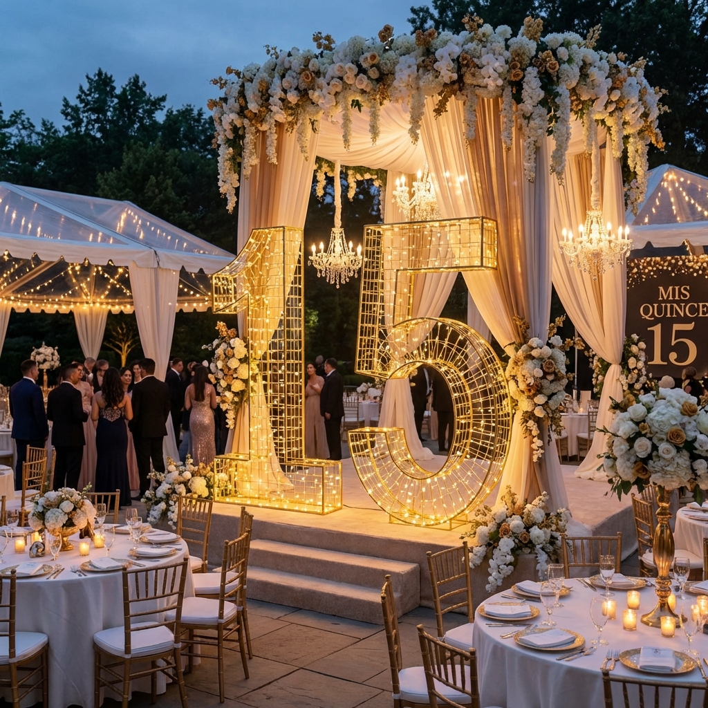 Número 15 gigante iluminado para festa de debutante