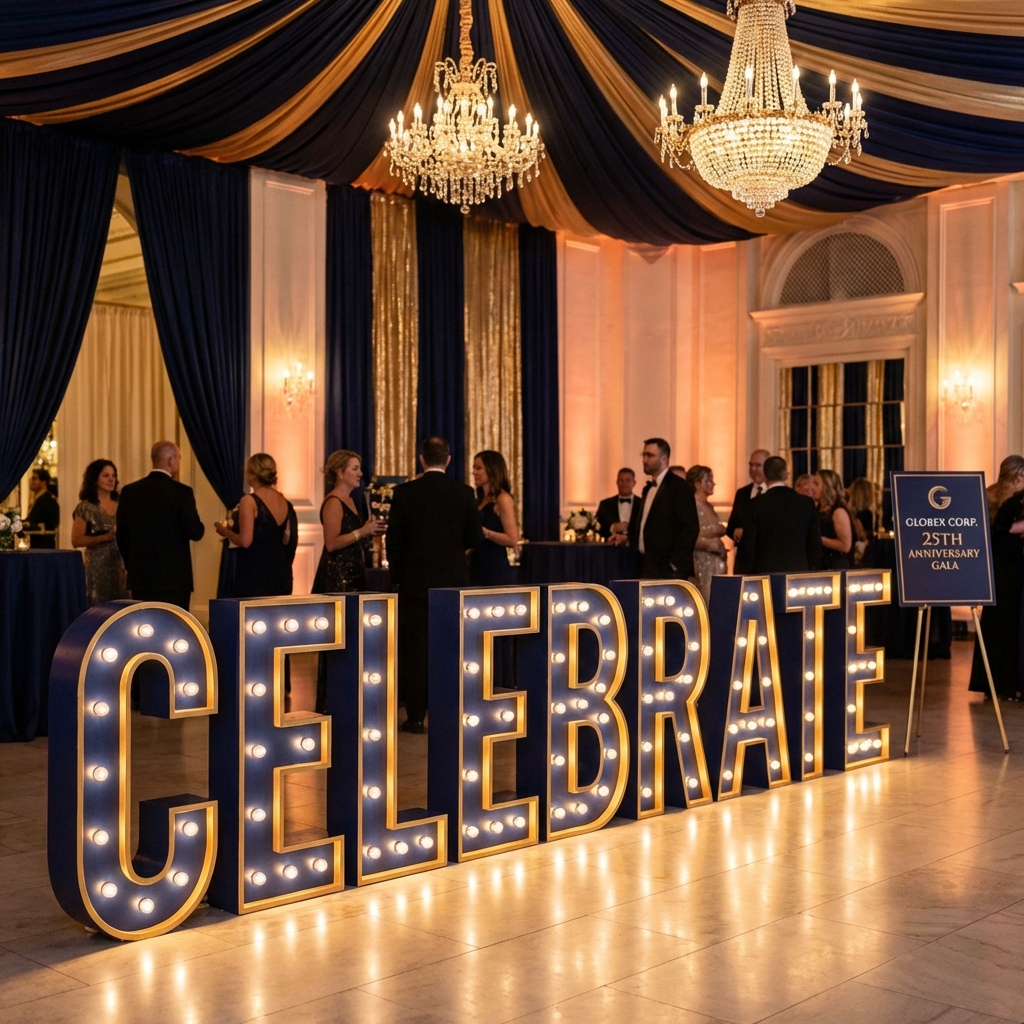 Letras CELEBRATE em evento corporativo