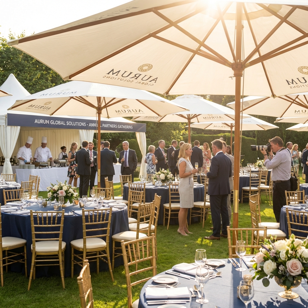 Evento corporativo com ombrelones premium